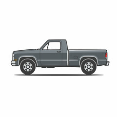 Side view of a gray pickup truck with a classic design and simple, clean lines