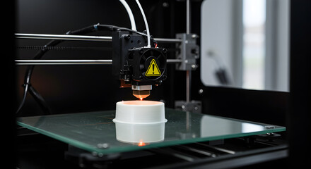 Close Up of 3D Printer Creating a White Object on Glass Surface with Intricate Head Mechanism and Layered Printing Process
