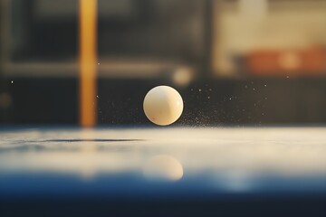 Close-up of the racket touching the ping pong ball in a tense moment of a fast and focused match