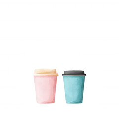 Two colorful takeaway coffee cups, one pink and one turquoise, isolated on a white background. Ideal for cafe branding, drinks promotions, and lifestyle imagery.