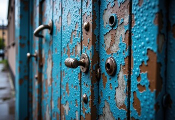 Close-up of a weathered blue door with peeling paint and rusty handles