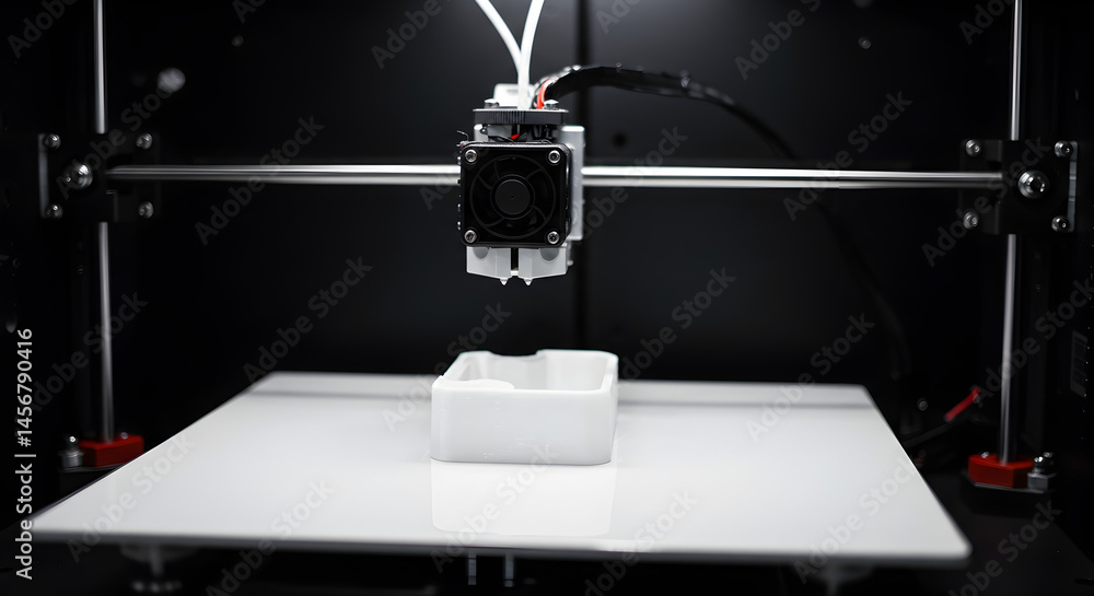 Poster close up of a three dimensional printer creating a white object on a white base inside a dark enclos