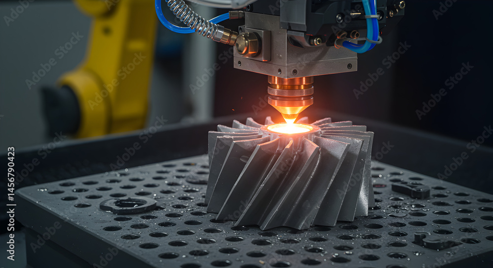 Aufkleber close up of cnc milling machine processing metal detail with sparks and robotic arm in the backgroun
