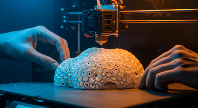 Close Up of Hands Guiding 3D Printer Creating Intricate Dome with Orange and Blue Lighting Revealing Layered Construction Process - Powered by Adobe