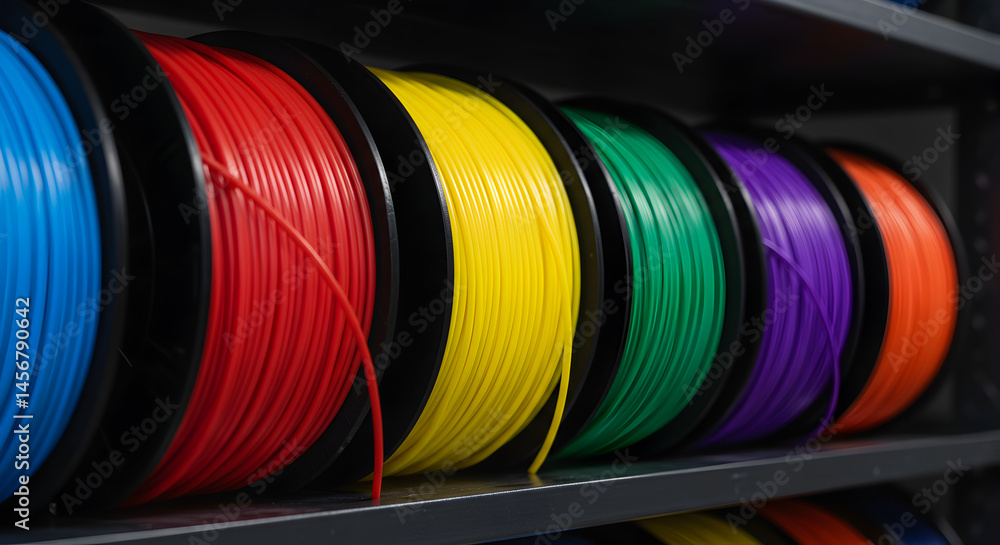 Poster close up of multicolored 3d printer filament spools on gray shelves in organized rows with a studio 