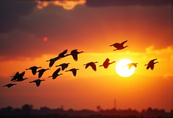 Obraz premium Flock of birds flying against a vibrant sunset backdrop