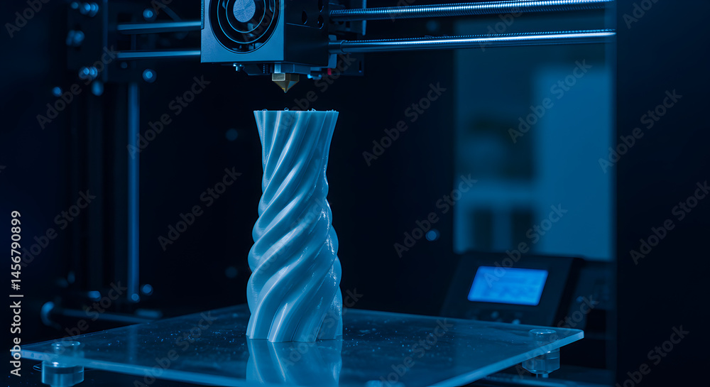 Poster close up of three dimensional printing process creating white vase on transparent base in dark blue 