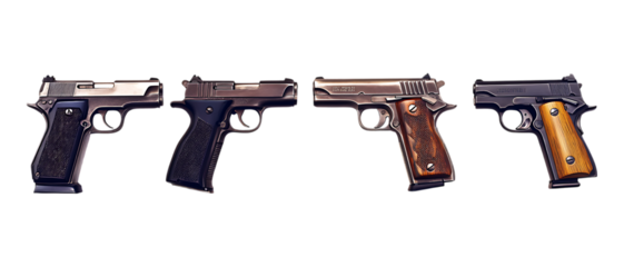 Collection Pack of Four Handguns A Collection of Firearms set against transparent background