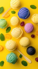 Colorful Ice Cream Scoops Flat Lay on Yellow Background Summer Dessert Concept Overhead Shot Food Photography