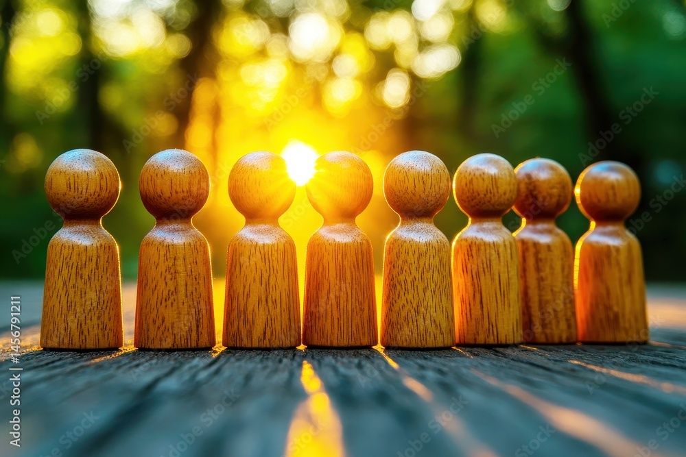Poster wooden figures standing in a row with sunburst effect in the background, symbolizing unity, support,