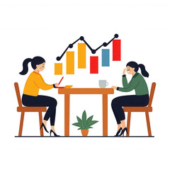 Fototapeta premium Two women collaborating at a table with charts and graphs, illustrating teamwork and financial strategy. A plant adds a touch of nature to the modern workspace.