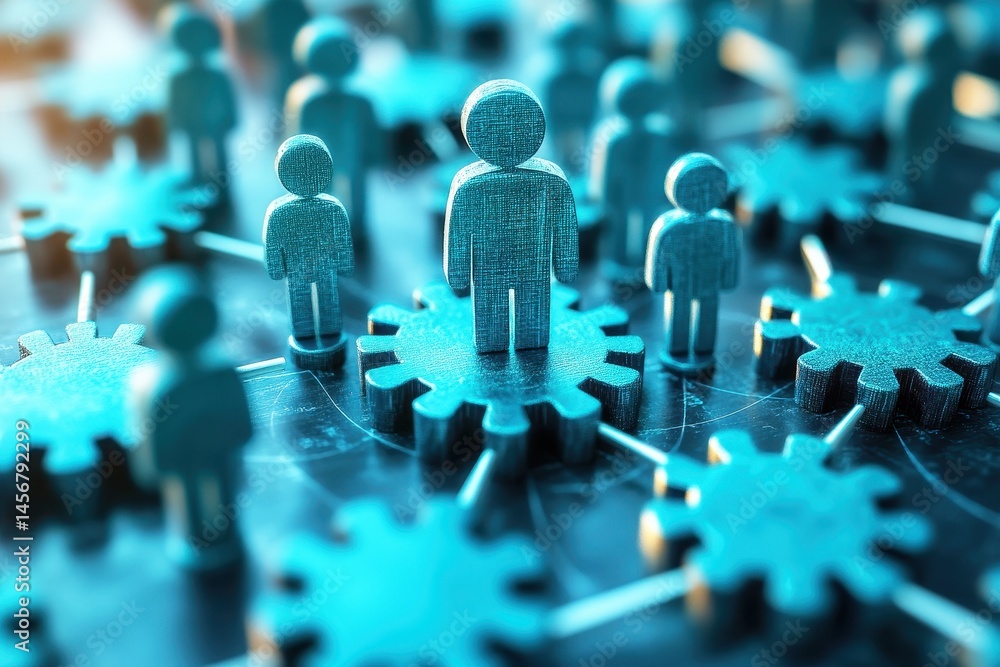 Poster blue wooden figures representing teamwork and collaboration standing on gears, illustrating connecti