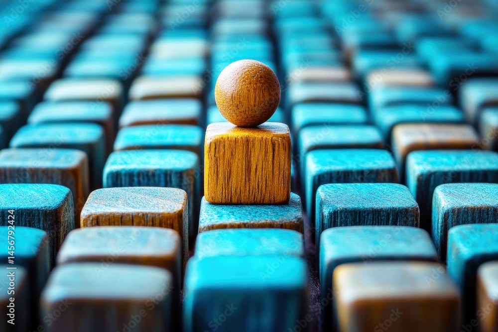 Poster wooden block arrangement with a single stood out sphere on top amidst colorful cubes in sharp focus