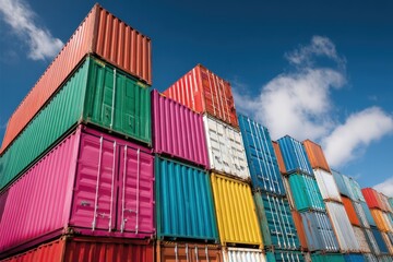 Colorful shipping containers stacked high under a blue sky with scattered clouds.