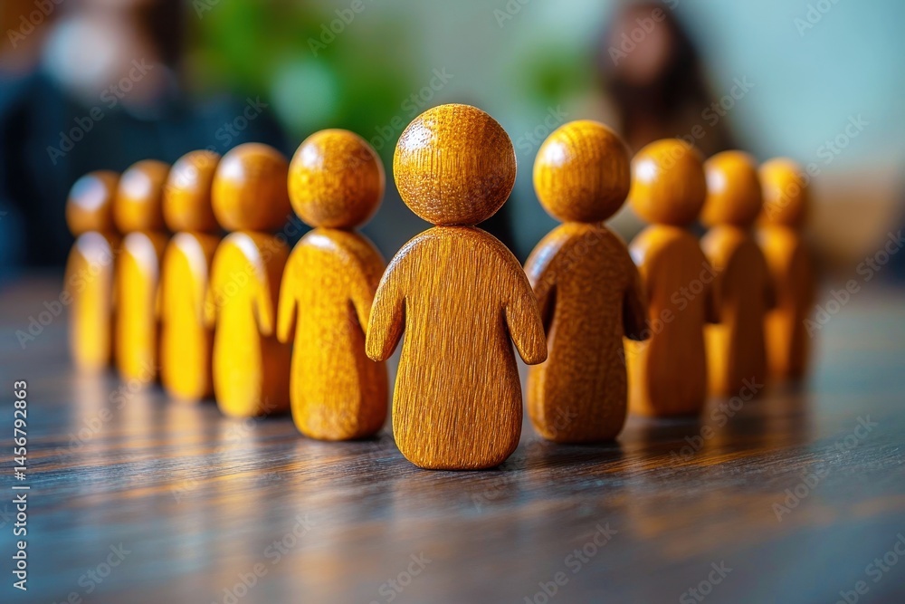 Poster wooden figurines representing teamwork and collaboration in a circle over a wooden table surface wit