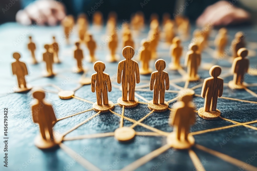 Poster network of wooden figures representing connections and relationships in a collaborative business env