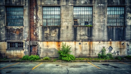 Fototapeta premium Weathered industrial building facade with overgrown vegetation and empty parking lot