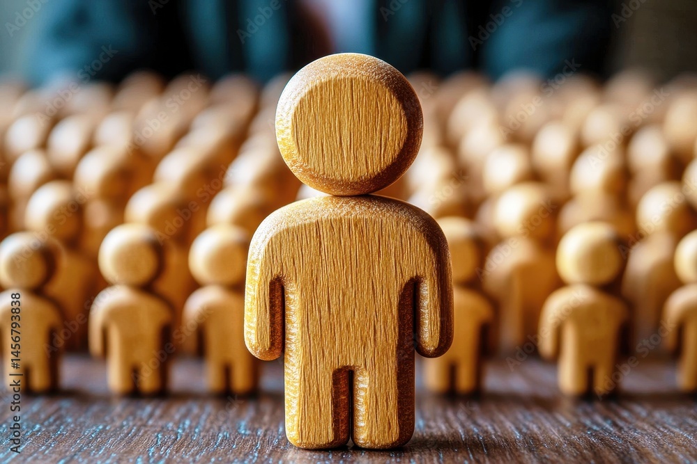 Poster wooden figures representing individuality amidst a crowd of similar shapes in a conceptual display o