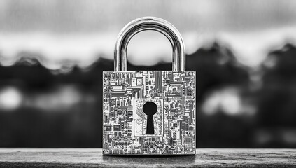 Close-up of a metallic padlock with intricate circuit board design.  Security, technology, and privacy are emphasized