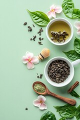 Overhead close-up of tea preparation ingredients with matcha powder, leaves, flowers and whisk on green background