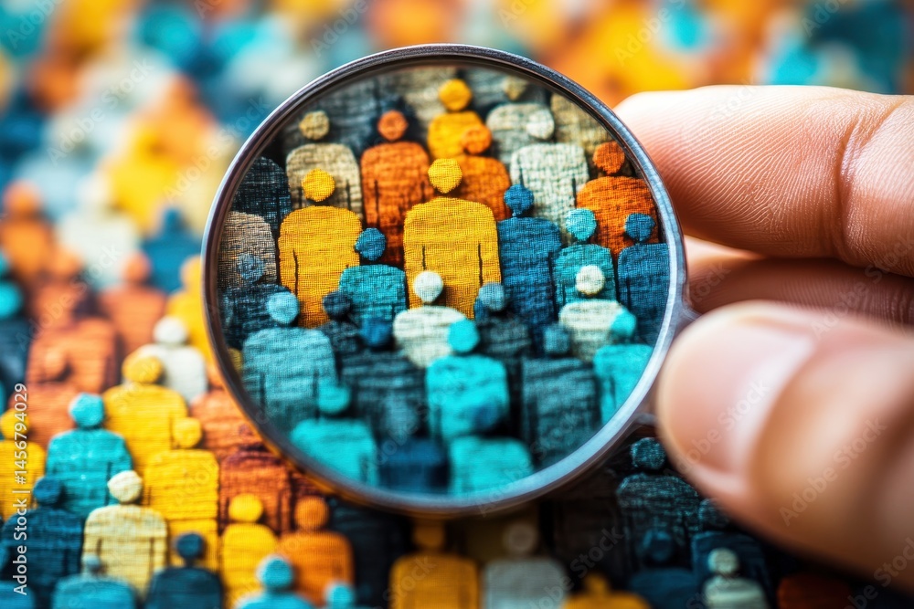 Poster close-up of magnifying glass focusing on colorful abstract representation of diverse crowd illustrat