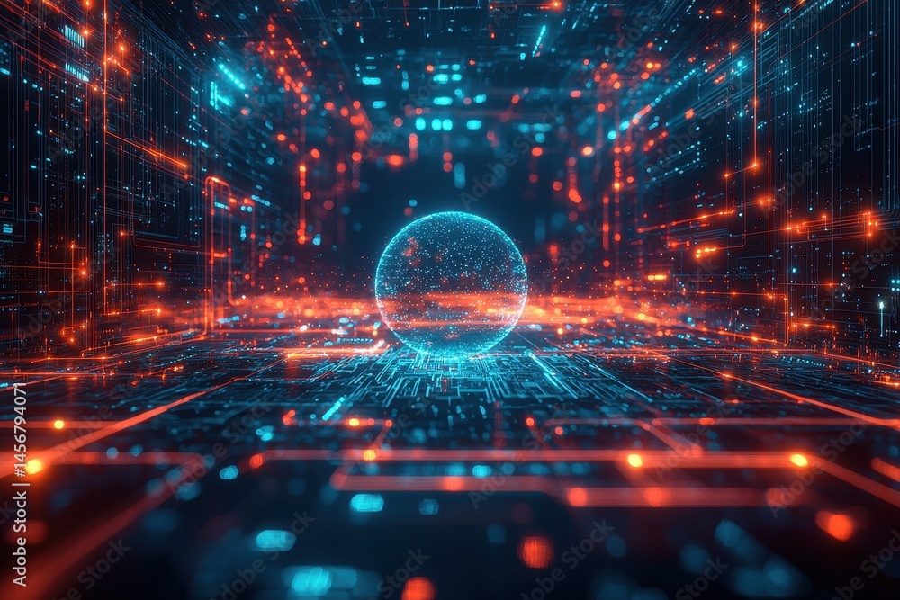 Wall mural ** futuristic digital sphere in a neon cybernetic environment with glowing circuitry..**