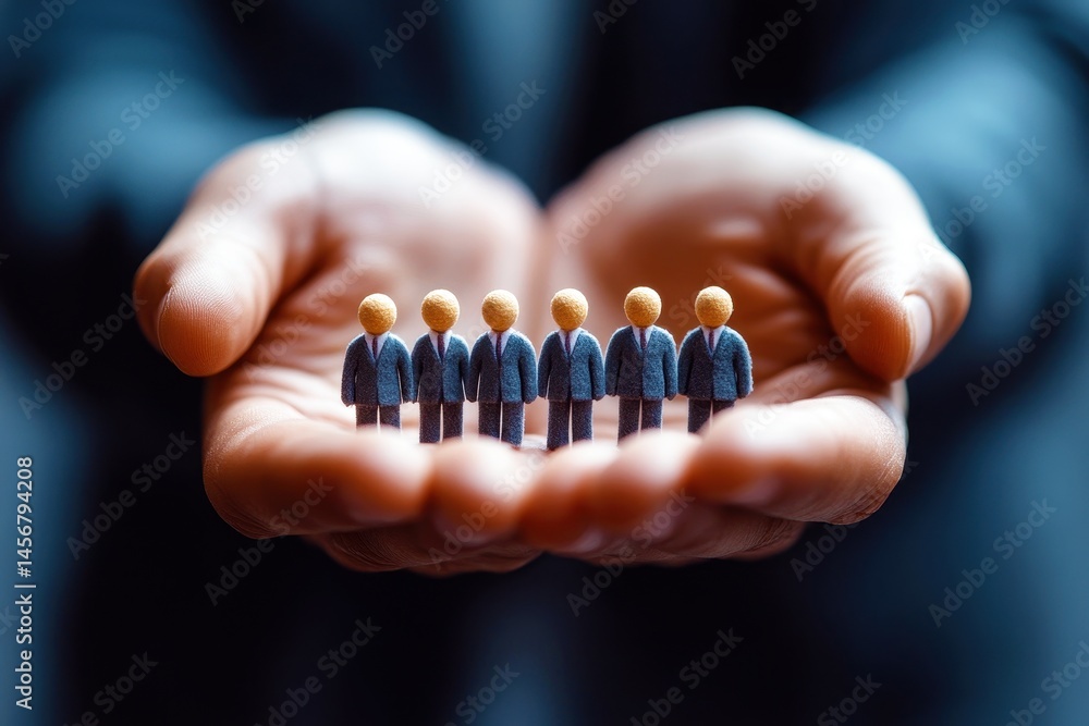 Poster representation of teamwork and collaboration in a business environment featuring miniature human fig
