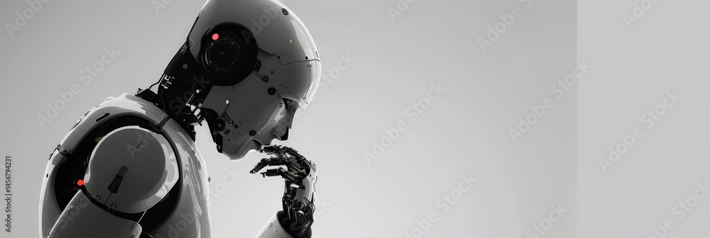 Poster Side view of a robot in a reflective pose against a white background. Represents AI and advanced robotics.