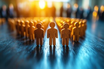Group of Wooden Figurines Facing Forward with Warm Sunlight Background Creating a Sense of Community and Unity in a Business Environment