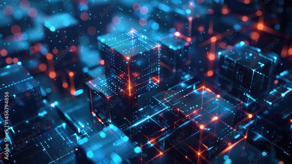 Poster this abstract 3d technology background features glowing cubes and vibrant colors, creating a futuris