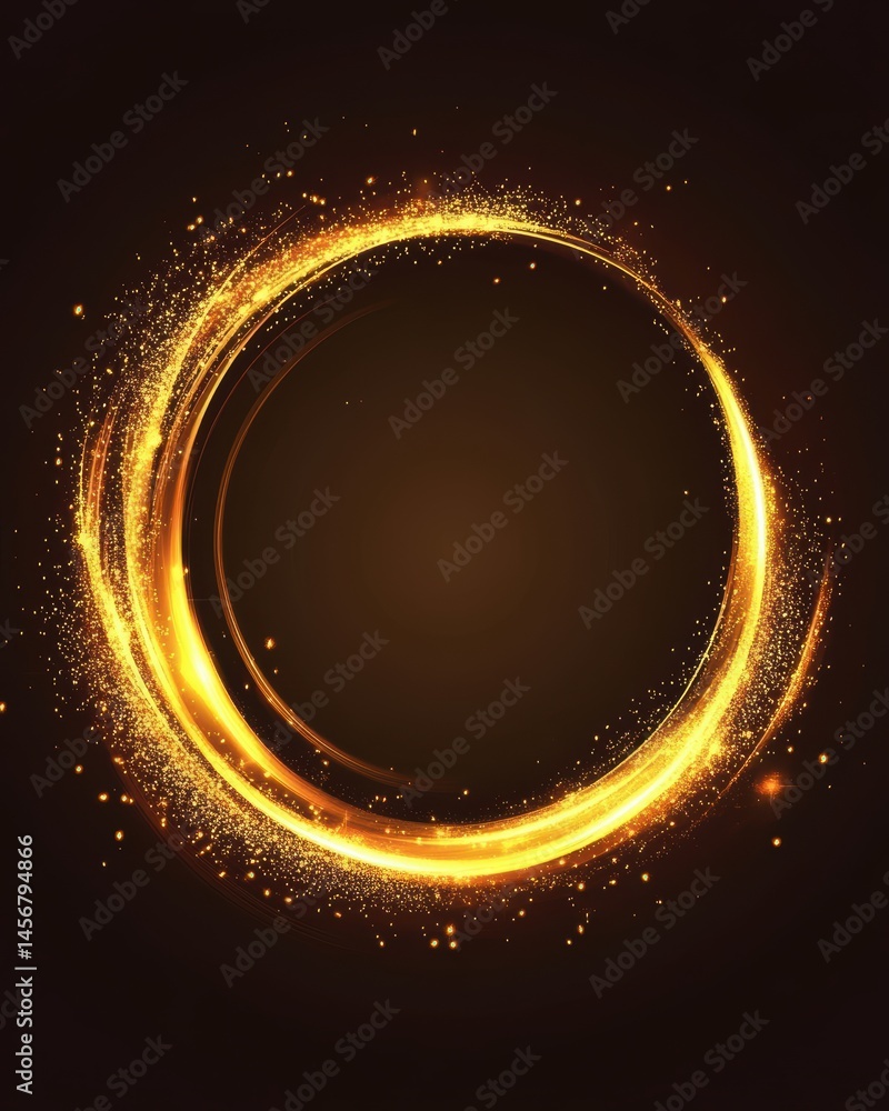 Aufkleber golden circle light effect with sparkling particles on dark brown background abstract design element