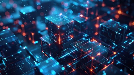 This abstract 3D technology background features glowing cubes and vibrant colors, creating a futuristic digital environment. Perfect for tech-related projects.