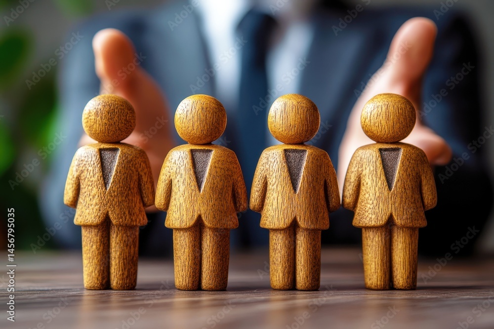 Poster wooden figurines representing teamwork and leadership with hands in background symbolizing guidance 