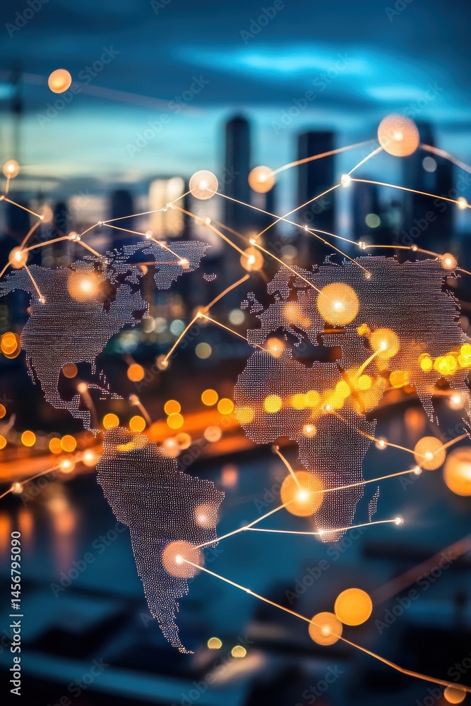 Poster global network connection with world map and cityscape at night abstract communication technology co