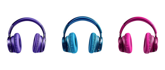 Set of Three Colorful Wireless Headphones Against Transparent Background