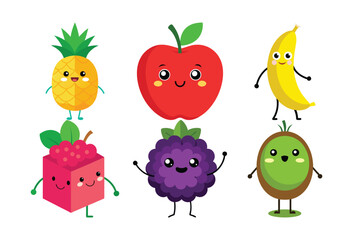 Fototapeta premium Funny cartoon fruits and vegetables are a cute and fun vector set of food characters illustration