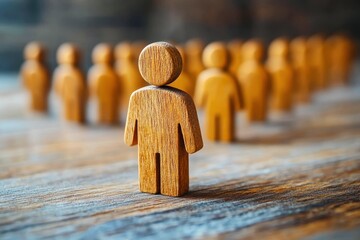 Wooden Figures Symbolizing Community, Connection, Individualism, and Togetherness in a Conceptual Scene on a Rustic Table Background
