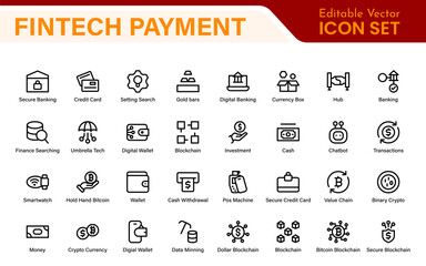 Finance and Technology Icon Collection – Professional Minimalist Line Vector Icons for Cryptocurrency, Mobile Banking, Digital Wallets, and Investments