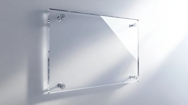 Clear Acrylic Signage Mockup on Textured Wall in Bright Studio Light, Eye-Level Close-Up Shot for Brand Display and Interior Design Applications