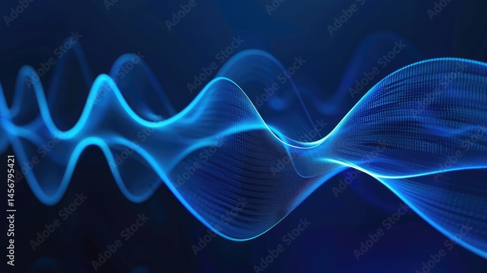 Poster wonderful picture of micro light sparkling particles scattered across blue flowing wave, create abst