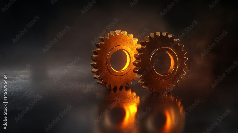 Poster golden gears interlocking on dark surface studio shot concept of teamwork and engineering precision 