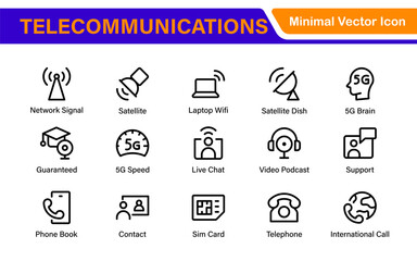 Modern 5G Telecommunications Line Icons – Minimalist Vector Outline Illustrations for Wireless Tech, Mobile Data, Network Infrastructure, and IoT Connectivity