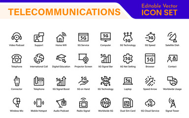 Modern 5G Telecommunications Line Icons – Minimalist Vector Outline Illustrations for Wireless Tech, Mobile Data, Network Infrastructure, and IoT Connectivity