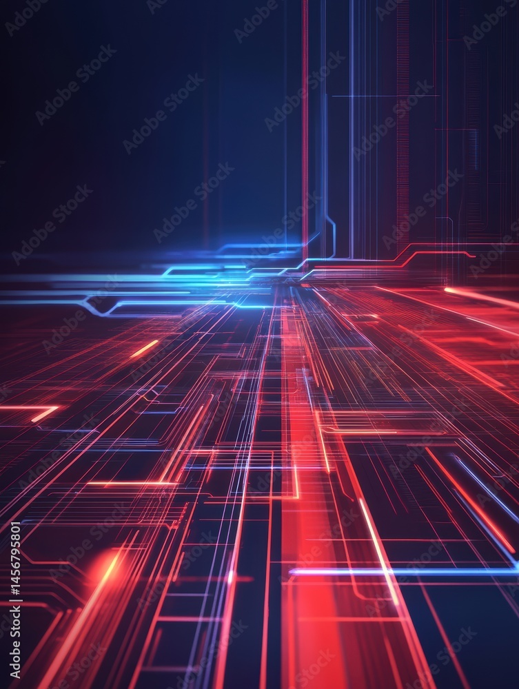 Aufkleber futuristic technology circuit board abstract perspective view with red and blue light data flowing