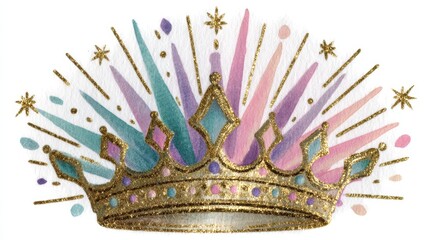 Sparkling Gold Glitter Princess Crown with Pastel Watercolor Burst