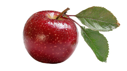 a red apple with a leaf on a white background