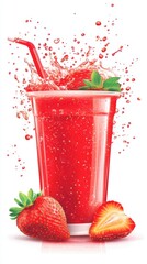 Refreshing Strawberry Smoothie Splash in Clear Cup with Straw and Fruit Close Up Isolated on White Background Summer Drink Concept