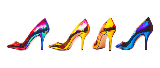 Obraz premium Set of Three Holographic Pointed Toe Heels Against Transparent Background