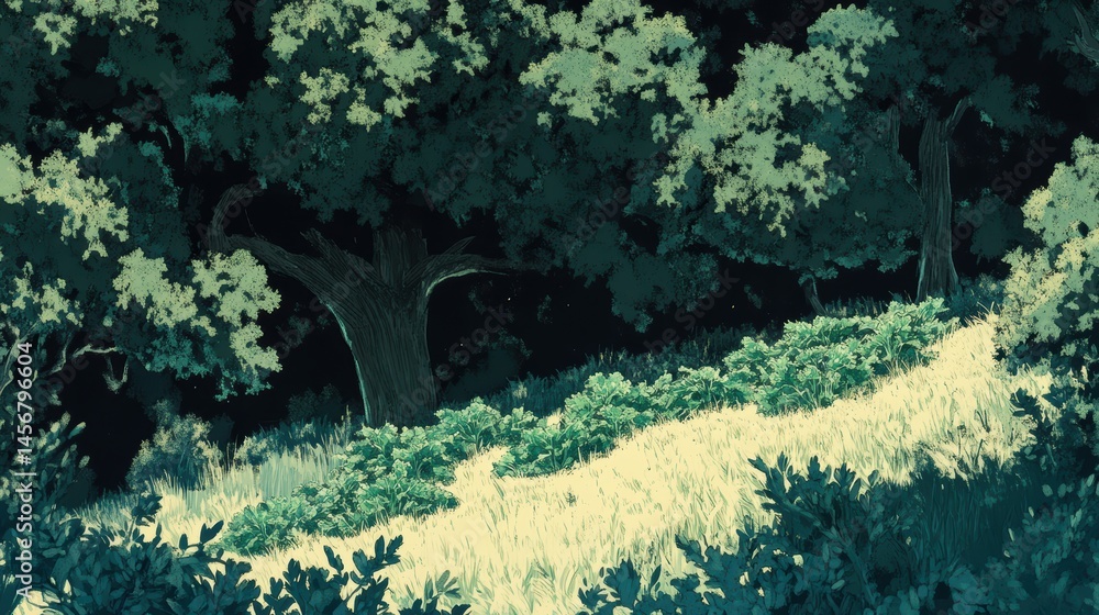 Poster tranquil forest glade with lush greenery and sunlight streaming through the trees canopy view