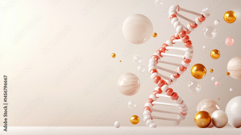 Poster abstract representation of dna structure with colorful spheres in a soft, modern setting.